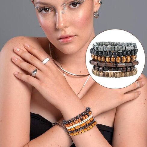 Wooden Mens Beaded Bracelets Adjustable Gothic Bracelet Elasticity Mens Bracelet Multi-Layer Detachable Beaded Bracelets for Men in Kuwait