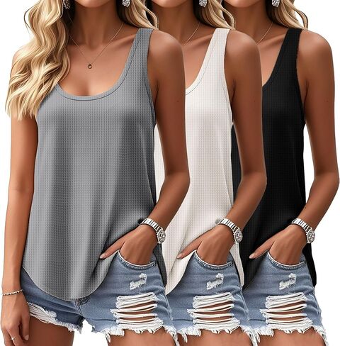 Riyiper 3 Pack Women's Waffle Knit Tank Tops, Scoop Neck Sleeveless Shirts Flowy Loose Beach Tops 2025 Summer Trendy in Saudi Arabia