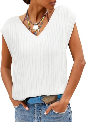 Cicy Bell Womens Ribbed Cap Sleeve Tank Tops V Neck Knit Summer Casual Shirts Lightweight Pullover Sweater Vest in Saudi Arabia