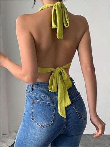 Milumia Women's Sexy Deep V Neck Tank Top Ring Tie Backless Halter Tops Party Clubwear in Saudi Arabia