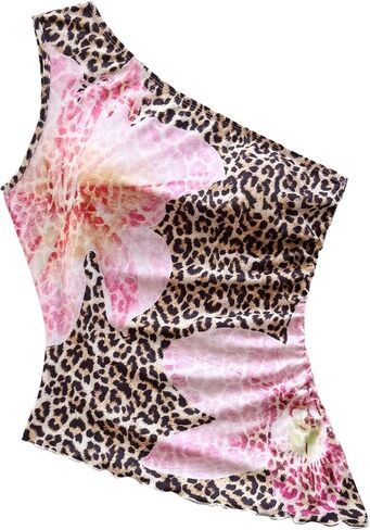 Floerns Women's Cheetah Print One Shoulder Tank Top Sleeveless Ruched Floral Vest Shirts in Saudi Arabia