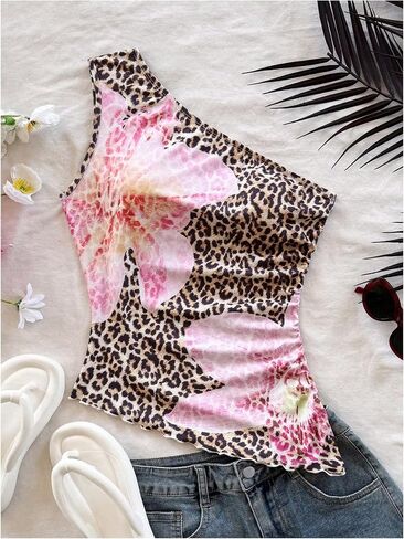 Floerns Women's Cheetah Print One Shoulder Tank Top Sleeveless Ruched Floral Vest Shirts in Saudi Arabia