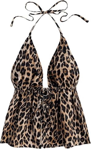 SHENHE Women's Leopard Floral Bow Tie Halter Top Y2k Split Backless Sleeveless Summer Tops in Saudi Arabia