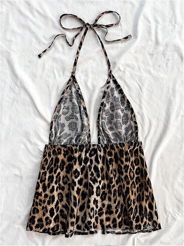 SHENHE Women's Leopard Floral Bow Tie Halter Top Y2k Split Backless Sleeveless Summer Tops in Saudi Arabia