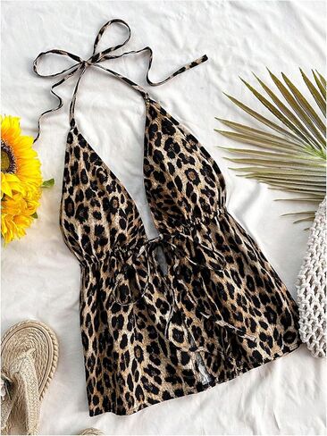 SHENHE Women's Leopard Floral Bow Tie Halter Top Y2k Split Backless Sleeveless Summer Tops in Saudi Arabia