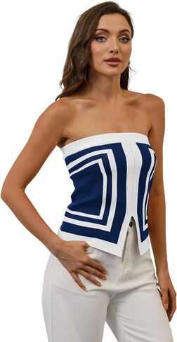 Ythomm Womens Color Block Crop Tube Tops Sleeveless Strapless Slit Front Summer Knit Bandeau Tops Slim Fit Y2k Corset Bustier in Kuwait