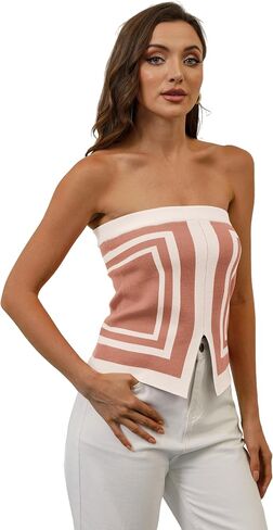 Ythomm Womens Color Block Crop Tube Tops Sleeveless Strapless Slit Front Summer Knit Bandeau Tops Slim Fit Y2k Corset Bustier in Kuwait