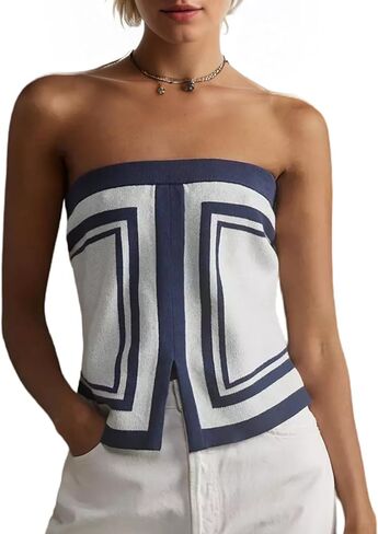 Ythomm Womens Color Block Crop Tube Tops Sleeveless Strapless Slit Front Summer Knit Bandeau Tops Slim Fit Y2k Corset Bustier in Kuwait