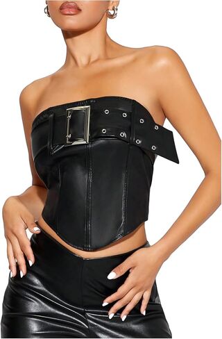 Makemechic Women's Faux Leather Tube Bootless Budbled Bustier Out Out Out Tops Tops in Kuwait
