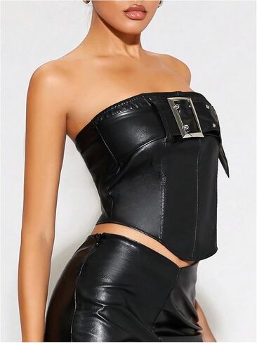 Makemechic Women's Faux Leather Tube Bootless Budbled Bustier Out Out Out Tops Tops in Kuwait