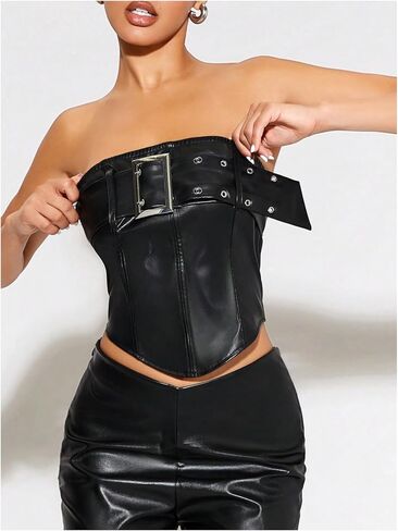 Makemechic Women's Faux Leather Tube Bootless Budbled Bustier Out Out Out Tops Tops in Kuwait