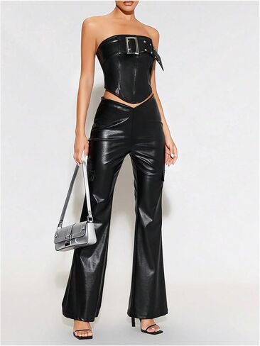 Makemechic Women's Faux Leather Tube Bootless Budbled Bustier Out Out Out Tops Tops in Kuwait
