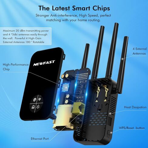 WiFi Range Extender, 1200Mbps Dual Band 5GHz/2.4GHz, 4 Antennas, Signal Booster with Ethernet Port, Black in Kuwait