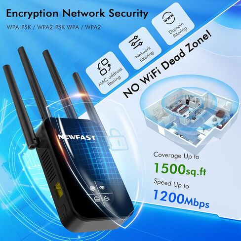 WiFi Range Extender, 1200Mbps Dual Band 5GHz/2.4GHz, 4 Antennas, Signal Booster with Ethernet Port, Black in Kuwait