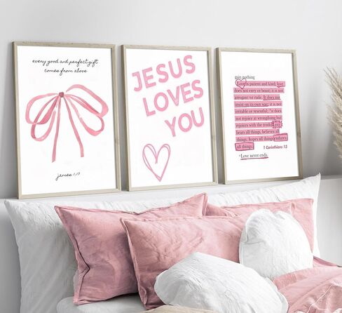 Pink Christian Wall Art Preppy Bible Verses Painting Pictures Psalms Wall Decor Trendy Bow Christ Jesue Poster Print Artwork for Living Room Girls Room Prayer Room Home Decoration （Unframed） in Saudi Arabia