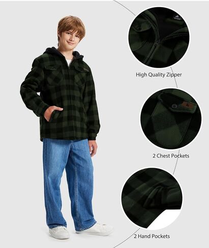 Zity Boys Flannel Shirt Jacket Fleece Sherpa مبطن من منقوشة السترات للجنسين معطف كامل zip Hoodie Girls Winter Outwear 6-15 in Saudi Arabia
