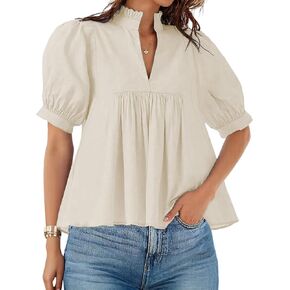 Zhiyouni Summer Blouses for Women 2025 Dressy Casual Short Sleeves V Neck Babydoll Peplum Tops in Kuwait
