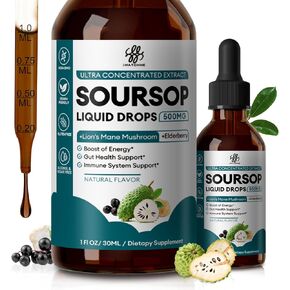 Soursop Graviola Liquid Drop with Elderberry & Lion Mane Mushroom, Soursop Bitter Liquid for Immune, Gut, Antioxidants, Cell & Energy Support, Sugar-Free, 3X Power Herbal, Natural Flavor, 1 Fl Oz in Kuwait