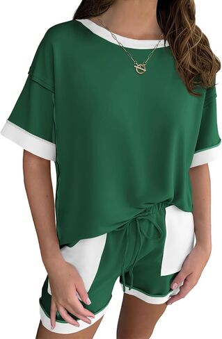 Fisoew Womens Summer 2 Piece Outfits Sweatsuits Oversized Sweatshirt Shorts Casual Color Block Lounge Set Short Sets in Saudi Arabia