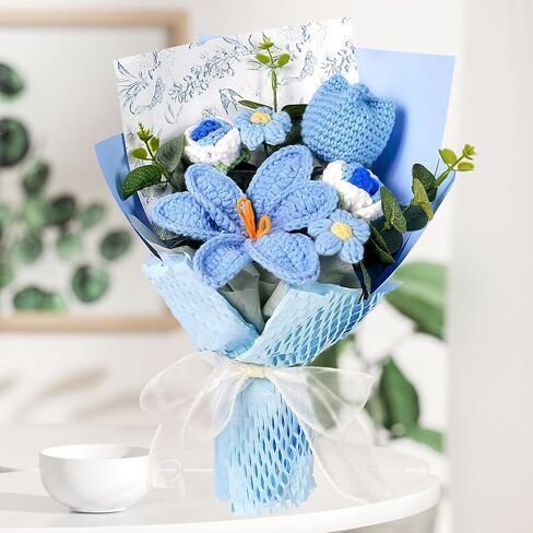 Hlenbin Crochet Flowers Bouquet - Handmade Tulips Roses Daisies Knitted Flowers for Mother's Day Wedding Anniversary Birthday Teacher Appreciation Gifts Home Decor Pink in Saudi Arabia