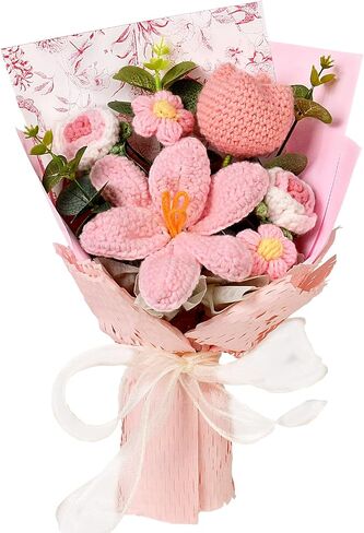 Hlenbin Crochet Flowers Bouquet - Handmade Tulips Roses Daisies Knitted Flowers for Mother's Day Wedding Anniversary Birthday Teacher Appreciation Gifts Home Decor Pink in Saudi Arabia