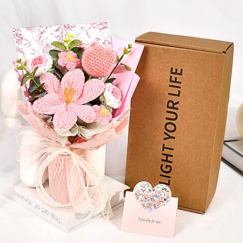 Hlenbin Crochet Flowers Bouquet - Handmade Tulips Roses Daisies Knitted Flowers for Mother's Day Wedding Anniversary Birthday Teacher Appreciation Gifts Home Decor Pink in Saudi Arabia