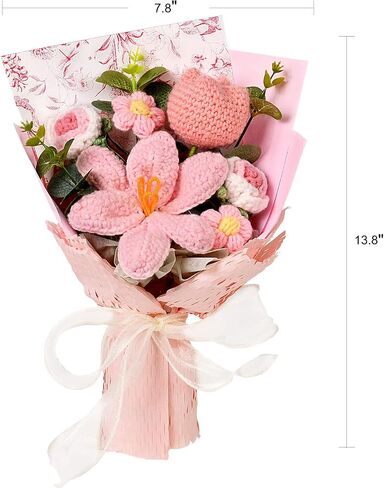 Hlenbin Crochet Flowers Bouquet - Handmade Tulips Roses Daisies Knitted Flowers for Mother's Day Wedding Anniversary Birthday Teacher Appreciation Gifts Home Decor Pink in Saudi Arabia