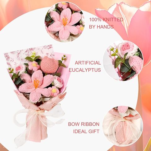 Hlenbin Crochet Flowers Bouquet - Handmade Tulips Roses Daisies Knitted Flowers for Mother's Day Wedding Anniversary Birthday Teacher Appreciation Gifts Home Decor Pink in Saudi Arabia