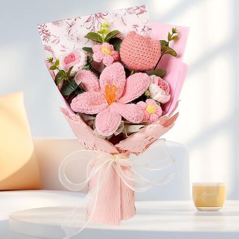 Hlenbin Crochet Flowers Bouquet - Handmade Tulips Roses Daisies Knitted Flowers for Mother's Day Wedding Anniversary Birthday Teacher Appreciation Gifts Home Decor Pink in Saudi Arabia