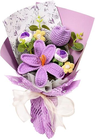 Hlenbin Crochet Flowers Bouquet - زنبق مصنوعة يدويًا الورود الإقحوانات المحبوكة لعيد الزفاف عيد ميلاد عيد ميلاد هدايا المنزل ديكور المنزل الوردي in Saudi Arabia