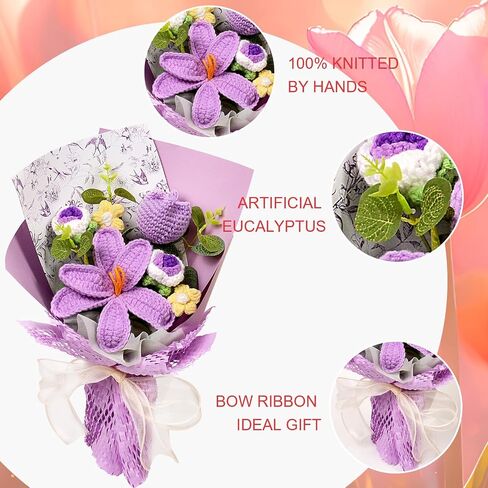 Hlenbin Crochet Flowers Bouquet - زنبق مصنوعة يدويًا الورود الإقحوانات المحبوكة لعيد الزفاف عيد ميلاد عيد ميلاد هدايا المنزل ديكور المنزل الوردي in Saudi Arabia