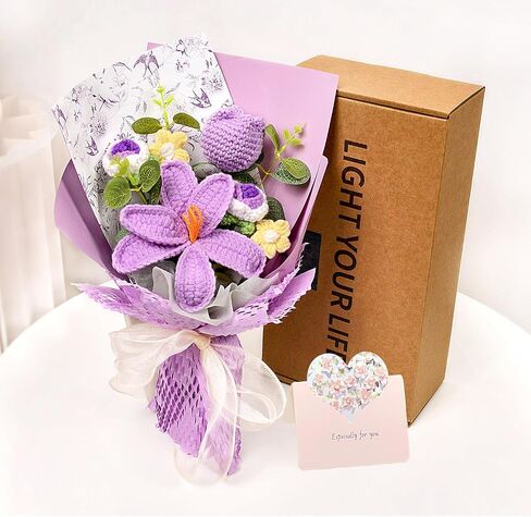 Hlenbin Crochet Flowers Bouquet - زنبق مصنوعة يدويًا الورود الإقحوانات المحبوكة لعيد الزفاف عيد ميلاد عيد ميلاد هدايا المنزل ديكور المنزل الوردي in Saudi Arabia