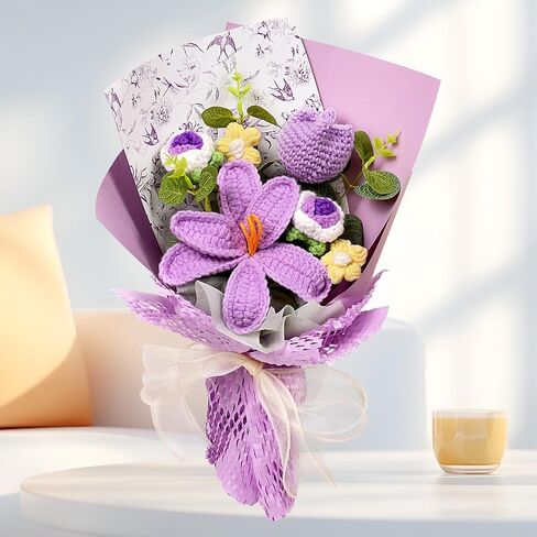 Hlenbin Crochet Flowers Bouquet - زنبق مصنوعة يدويًا الورود الإقحوانات المحبوكة لعيد الزفاف عيد ميلاد عيد ميلاد هدايا المنزل ديكور المنزل الوردي in Saudi Arabia