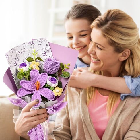 Hlenbin Crochet Flowers Bouquet - زنبق مصنوعة يدويًا الورود الإقحوانات المحبوكة لعيد الزفاف عيد ميلاد عيد ميلاد هدايا المنزل ديكور المنزل الوردي in Saudi Arabia
