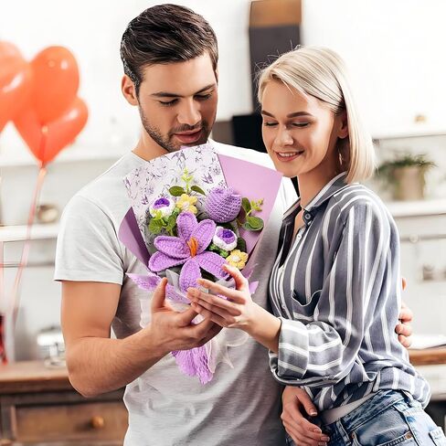 Hlenbin Crochet Flowers Bouquet - زنبق مصنوعة يدويًا الورود الإقحوانات المحبوكة لعيد الزفاف عيد ميلاد عيد ميلاد هدايا المنزل ديكور المنزل الوردي in Saudi Arabia