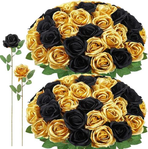 72 PCS الورود الاصطناعية الذهب ، والورود الحريرية المزيفة السوداء ، الورود الواقعية ، زهرة الزفاف الداخلية ديكور المنزل ، ديكورات عيد ميلاد in Kuwait