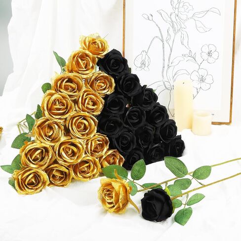 72 PCS الورود الاصطناعية الذهب ، والورود الحريرية المزيفة السوداء ، الورود الواقعية ، زهرة الزفاف الداخلية ديكور المنزل ، ديكورات عيد ميلاد in Kuwait