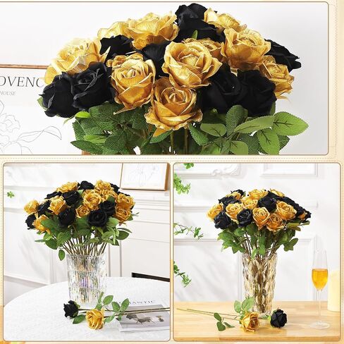72 PCS الورود الاصطناعية الذهب ، والورود الحريرية المزيفة السوداء ، الورود الواقعية ، زهرة الزفاف الداخلية ديكور المنزل ، ديكورات عيد ميلاد in Kuwait