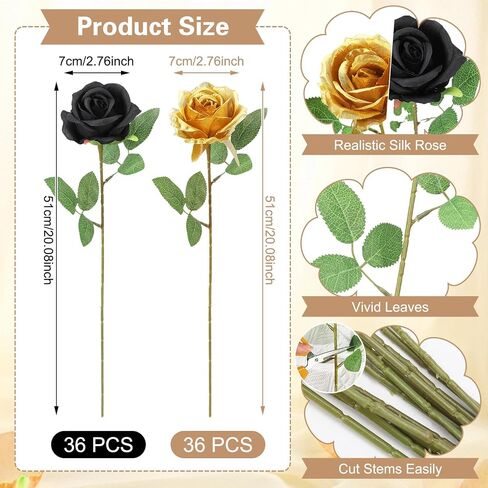 72 PCS الورود الاصطناعية الذهب ، والورود الحريرية المزيفة السوداء ، الورود الواقعية ، زهرة الزفاف الداخلية ديكور المنزل ، ديكورات عيد ميلاد in Kuwait