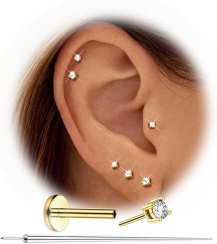 MILACOLATO 20G Threadless Flat Back Earrings Studs Hypoallergenic 316L Surgical Steel Push in Nose Rings 14K Gold Plated Nose Rings Studs Tragus Medusa Monroe Helix Labret Lip Nostril Cartilage Piercing Jewelry in Saudi Arabia