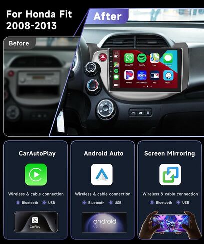 راديو سيارة بلوتوث بشاشة 10.1 بوصة HD 2.5D تعمل باللمس لسيارة Honda Fit 2008-2013 مع CarPlay Android Auto، 4 Core Android Stereo يدعم GPS Navi WiFi HiFi Mirroring AirPlay SWC 1080P كاميرا احتياطية in Saudi Arabia