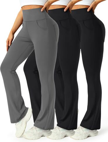 3 Packs Womens High Waist Flare Pants-Flare Yoga Pants，Yoga Pants with Pockets - High Waist and Wide Leg in Saudi Arabia