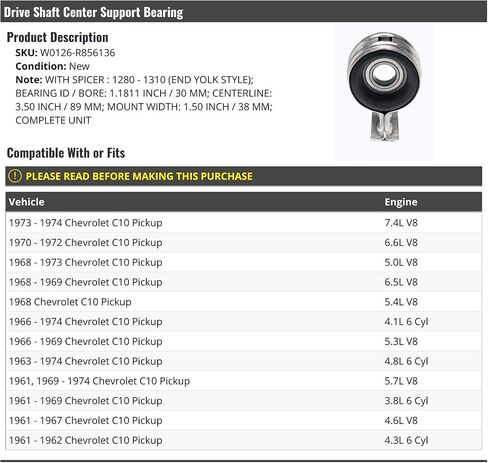 Drive Shaft Center Support Bearing - Compatible with 1961-1974 Chevy C10 Pickup in Saudi Arabia