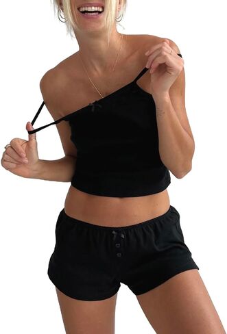 Tsultryofs Two Piece Pajama Set for Women Y2K Pj Outfits Sleeveless Knit Camisole with Elastic High Waist Shorts Loungewear in Kuwait