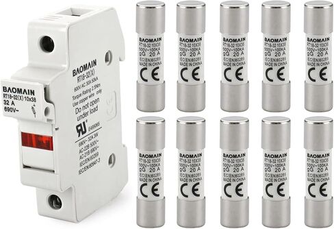 Baomain Cylindrical Fuse Holder RT18-32(X) 10mm X 38mm Fuse Base Single Pole DIN Rail Mount with 10 PCS of RO15 Fuse(20 Amp) CE Listed in Saudi Arabia