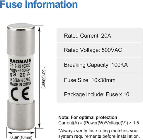 Baomain Cylindrical Fuse Holder RT18-32(X) 10mm X 38mm Fuse Base Single Pole DIN Rail Mount with 10 PCS of RO15 Fuse(20 Amp) CE Listed in Saudi Arabia