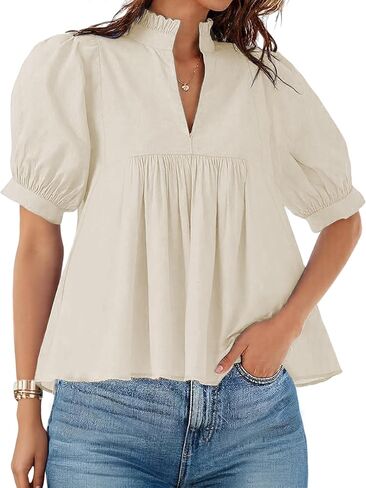 Zhiyouni Summer Blouses for Women 2025 Dressy Casual Short Sleeves V Neck Babydoll Peplum Tops in Kuwait