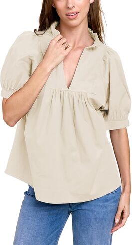 Zhiyouni Summer Blouses for Women 2025 Dressy Casual Short Sleeves V Neck Babydoll Peplum Tops in Kuwait