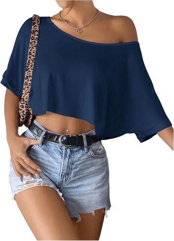 SHENHE Women's Crop Top Asymmetrical Neck Half Sleeve Loose T Shirt Off Shoulder Tops in Saudi Arabia