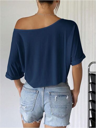 SHENHE Women's Crop Top Asymmetrical Neck Half Sleeve Loose T Shirt Off Shoulder Tops in Saudi Arabia